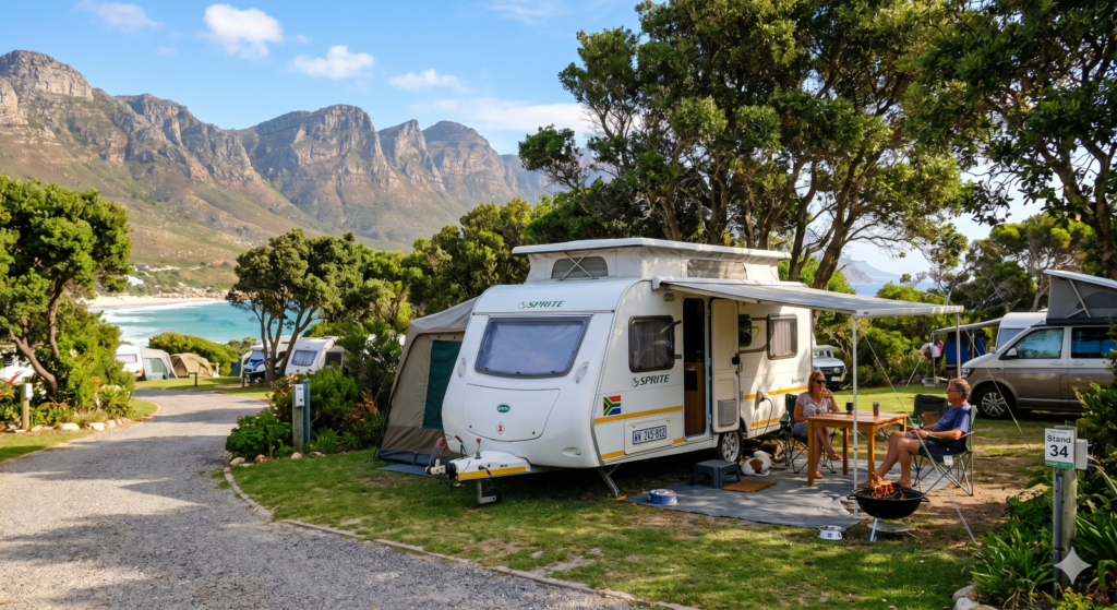 Sprite caravan parked at a scenic coastal resort overlooking the ocean with spectacular mountain cliffs in the background
