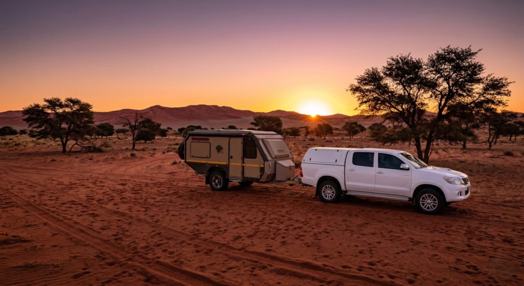 White 4x4 Toyota Hilux bakkie towing a Conqueror off-road camper trailer through a desert landscape at sunset